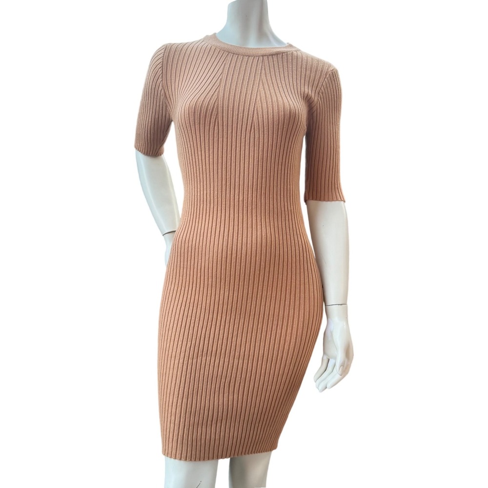 Pieces Ribbed Knit Bodycon Dress Tan Crew Neck Quiet Luxury Minimalism XL
